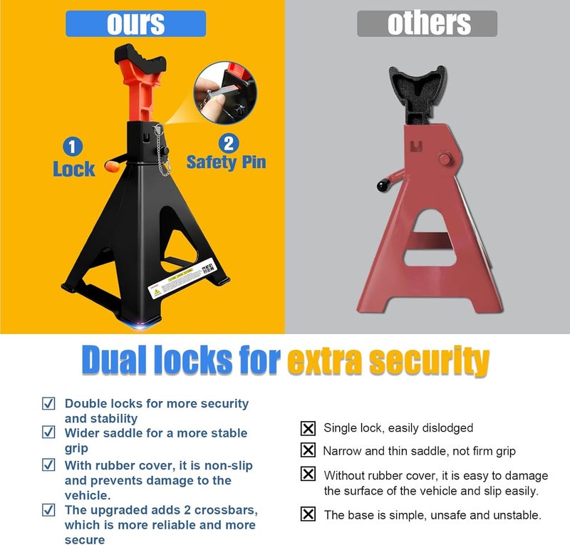 USYATO Upgraded 6 Ton Jack Stands (13,200 LBs) with 2 Crossbars&Double Locking - Heavy Duty Adjustable Car Jack Stand for Trucks, SUV, Car, UTV/ATV Garage Lifting Tool, 15.35"-22.05" Height, 1 Pair - Image 5